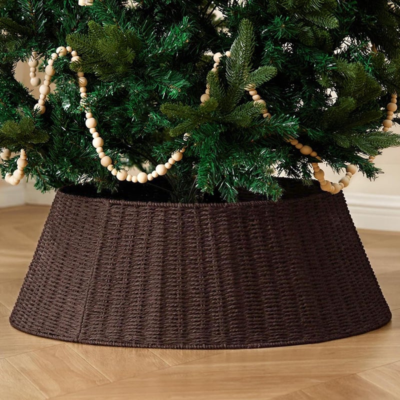Deerher Rustic Farmhouse Christmas Tree Collar - 28Inch Woven Wicker Tree Base Stand Cover for Artificial Trees - Holiday Decoration Ring Skirt Basket for 6ft 7.5ft 9ft Tree, Natural & Stable(Brown) - Image 1